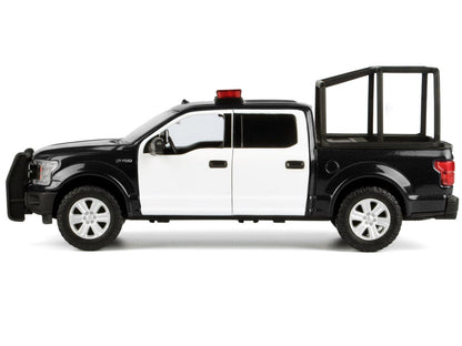 2019 Ford F-150 Lariat Crew Cab Pickup Truck with Bed Cage Black and White with Flashing Light Bar and Front and Rear Lights and Sounds 1/27 Diecast Model Car by Motormax-2