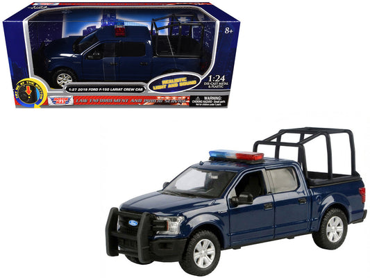 2019 Ford F-150 Lariat Crew Cab Pickup Truck with Bed Cage Dark Blue with Flashing Light Bar and Front and Rear Lights and Sounds 1/27 Diecast Model Car by Motormax-0