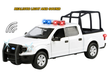 2019 Ford F-150 Lariat Crew Cab Pickup Truck with Bed Cage White with Flashing Light Bar and Front and Rear Lights and Sounds 1/27 Diecast Model Car by Motormax-2