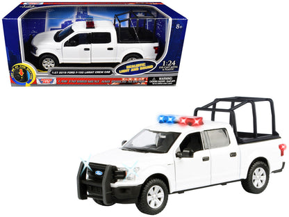 2019 Ford F-150 Lariat Crew Cab Pickup Truck with Bed Cage White with Flashing Light Bar and Front and Rear Lights and Sounds 1/27 Diecast Model Car by Motormax-0
