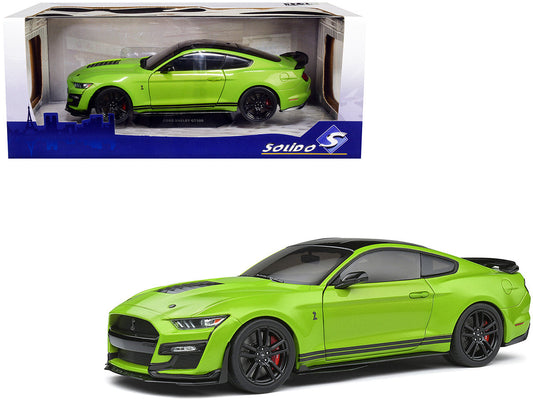 2020 Ford Mustang Shelby GT500 Grabber Lime Green Metallic with Black Top and Stripes 1/18 Diecast Model Car by Solido-0