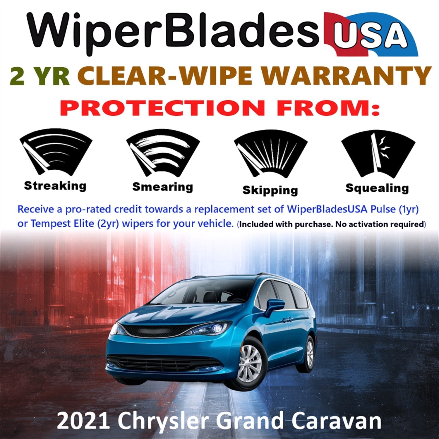 2021 Chrysler Grand Caravan Wiper Blades w/2yr Wear Warranty (Set of 2) Wipers-1