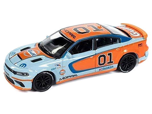 2021 Dodge Charger SRT Hellcat #01 "Gulf Oil-MOPAR" Light Blue and Orange Limited Edition to 4800 pieces Worldwide 1/64 Diecast Model Car by Auto World-1