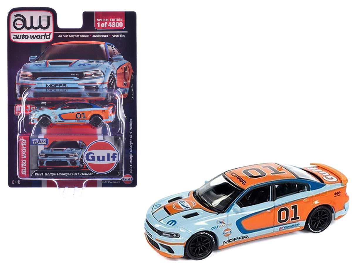 2021 Dodge Charger SRT Hellcat #01 "Gulf Oil-MOPAR" Light Blue and Orange Limited Edition to 4800 pieces Worldwide 1/64 Diecast Model Car by Auto World-0