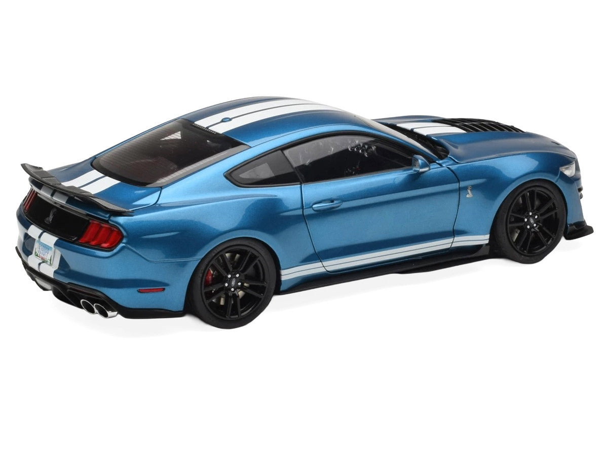 2022 Ford Mustang Shelby GT500 Blue Metallic with White Stripes 1/18 Diecast Model Car by IXO Models-1