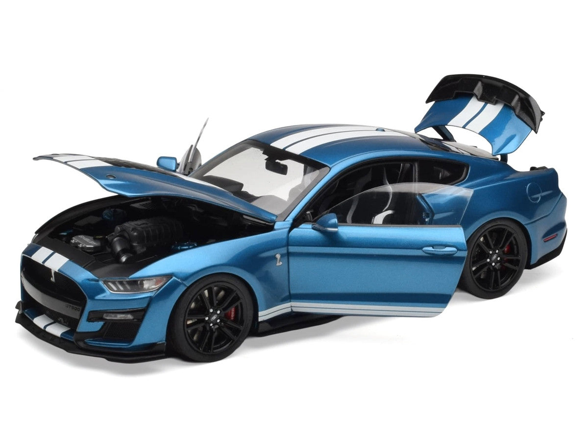 2022 Ford Mustang Shelby GT500 Blue Metallic with White Stripes 1/18 Diecast Model Car by IXO Models-2
