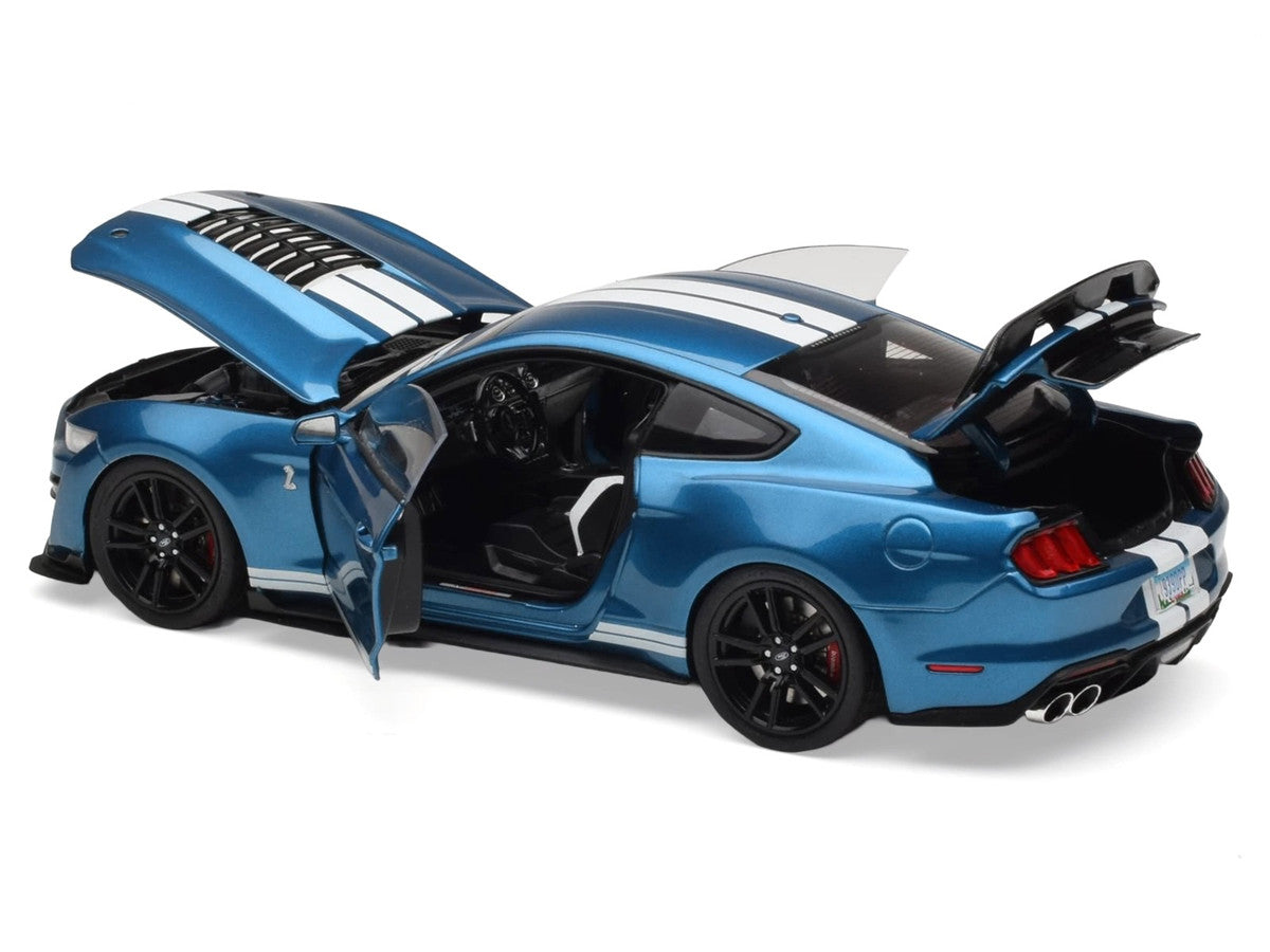 2022 Ford Mustang Shelby GT500 Blue Metallic with White Stripes 1/18 Diecast Model Car by IXO Models-3