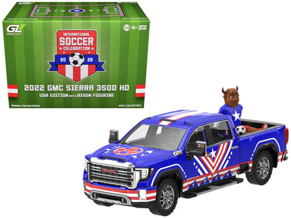 2022 GMC Sierra 3500 HD Pickup Truck Blue with American Soccer Graphics with Bison Figure "International Soccer Celebration '26" Series 1/64 Diecast Model Car by Greenlight-4