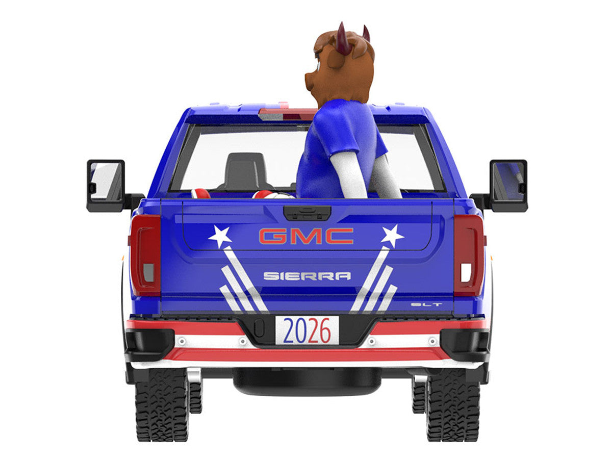 2022 GMC Sierra 3500 HD Pickup Truck Blue with American Soccer Graphics with Bison Figure "International Soccer Celebration '26" Series 1/64 Diecast Model Car by Greenlight-0