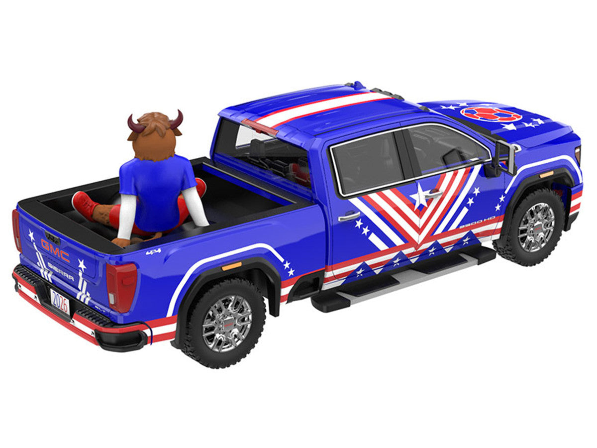 2022 GMC Sierra 3500 HD Pickup Truck Blue with American Soccer Graphics with Bison Figure "International Soccer Celebration '26" Series 1/64 Diecast Model Car by Greenlight-2