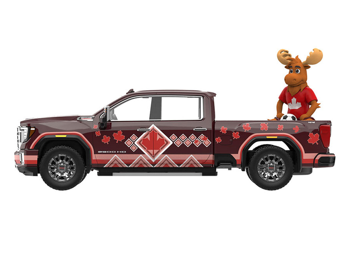 2022 GMC Sierra 3500 HD Pickup Truck Dark Red with Canadian Soccer Graphics with Moose Figure "International Soccer Celebration '26" Series 1/64 Diecast Model Car by Greenlight-1