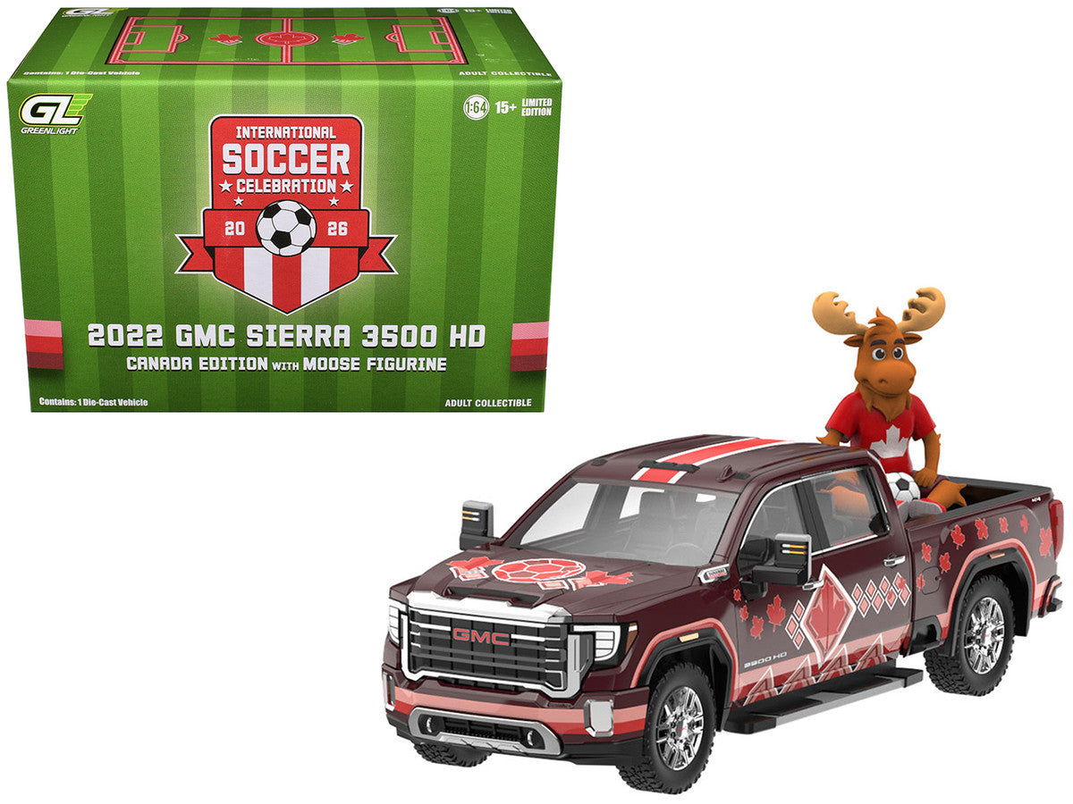 2022 GMC Sierra 3500 HD Pickup Truck Dark Red with Canadian Soccer Graphics with Moose Figure "International Soccer Celebration '26" Series 1/64 Diecast Model Car by Greenlight-4
