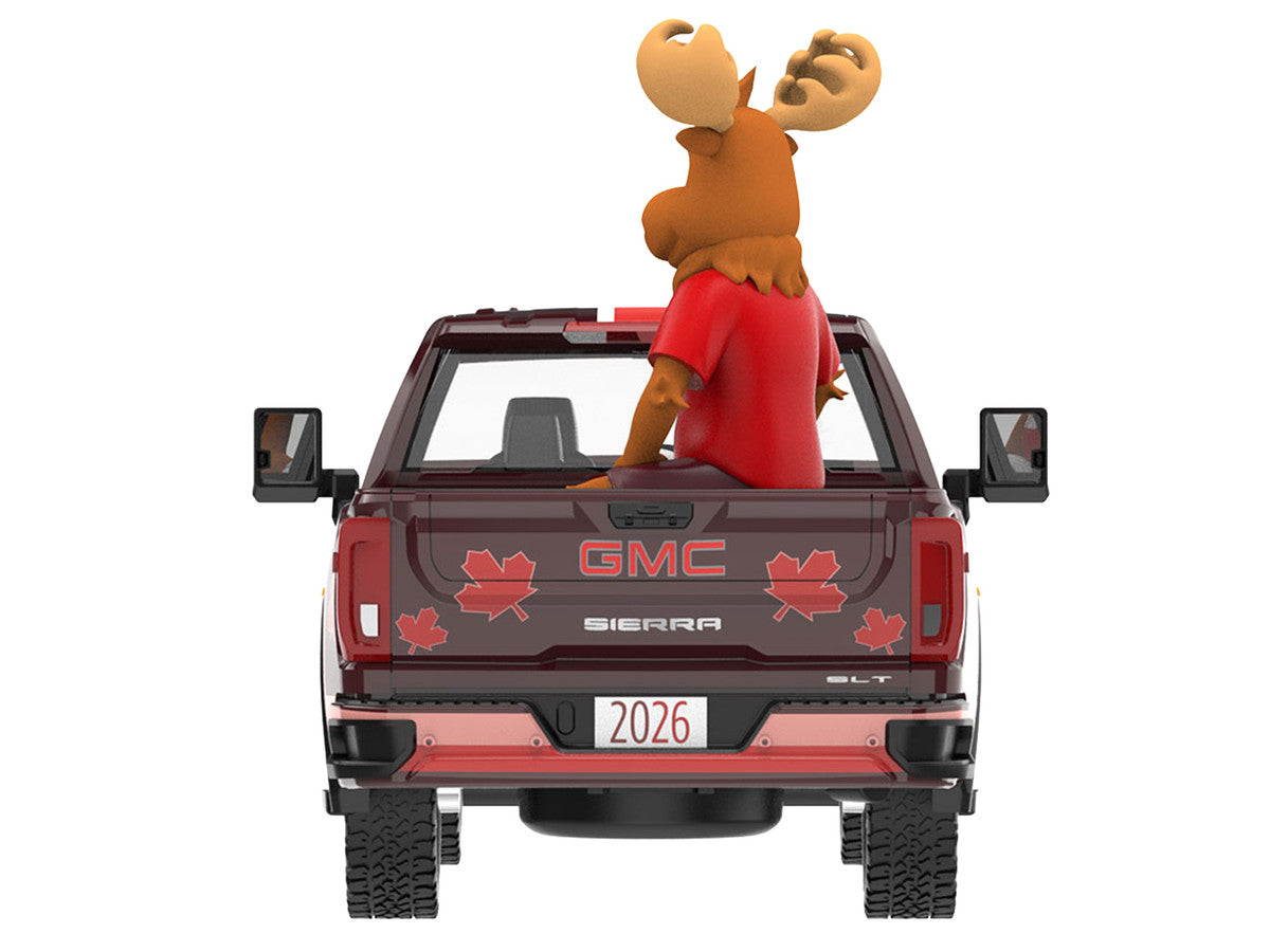 2022 GMC Sierra 3500 HD Pickup Truck Dark Red with Canadian Soccer Graphics with Moose Figure "International Soccer Celebration '26" Series 1/64 Diecast Model Car by Greenlight-0