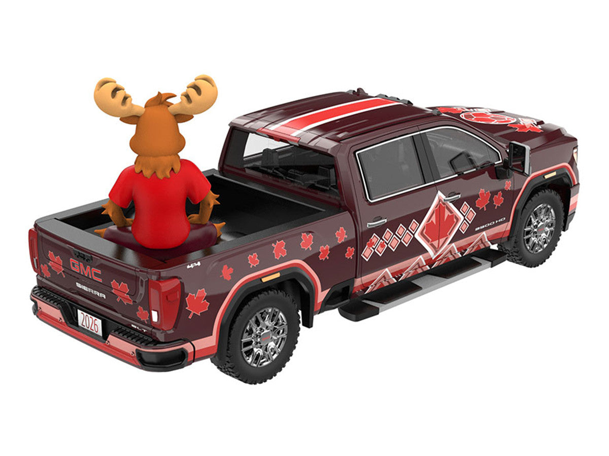 2022 GMC Sierra 3500 HD Pickup Truck Dark Red with Canadian Soccer Graphics with Moose Figure "International Soccer Celebration '26" Series 1/64 Diecast Model Car by Greenlight-3