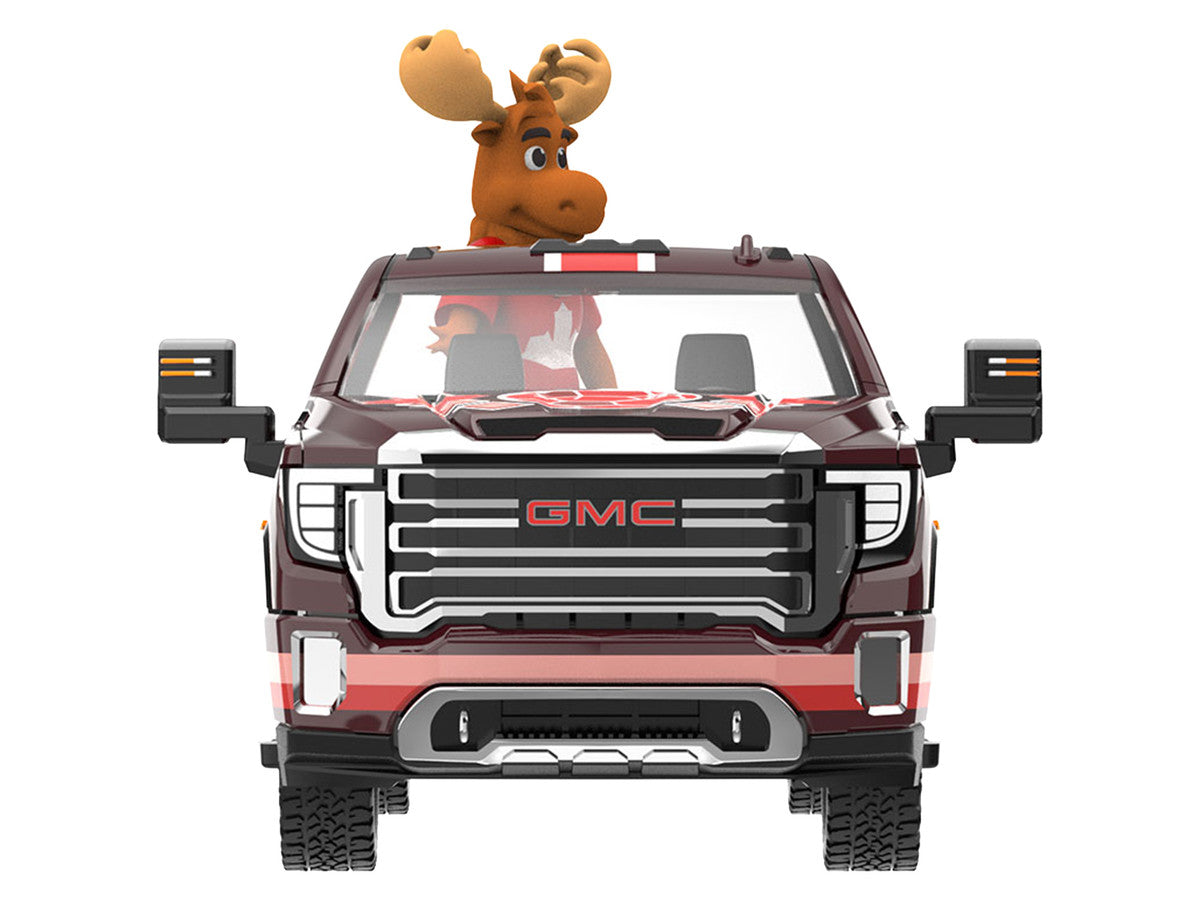 2022 GMC Sierra 3500 HD Pickup Truck Dark Red with Canadian Soccer Graphics with Moose Figure "International Soccer Celebration '26" Series 1/64 Diecast Model Car by Greenlight-2