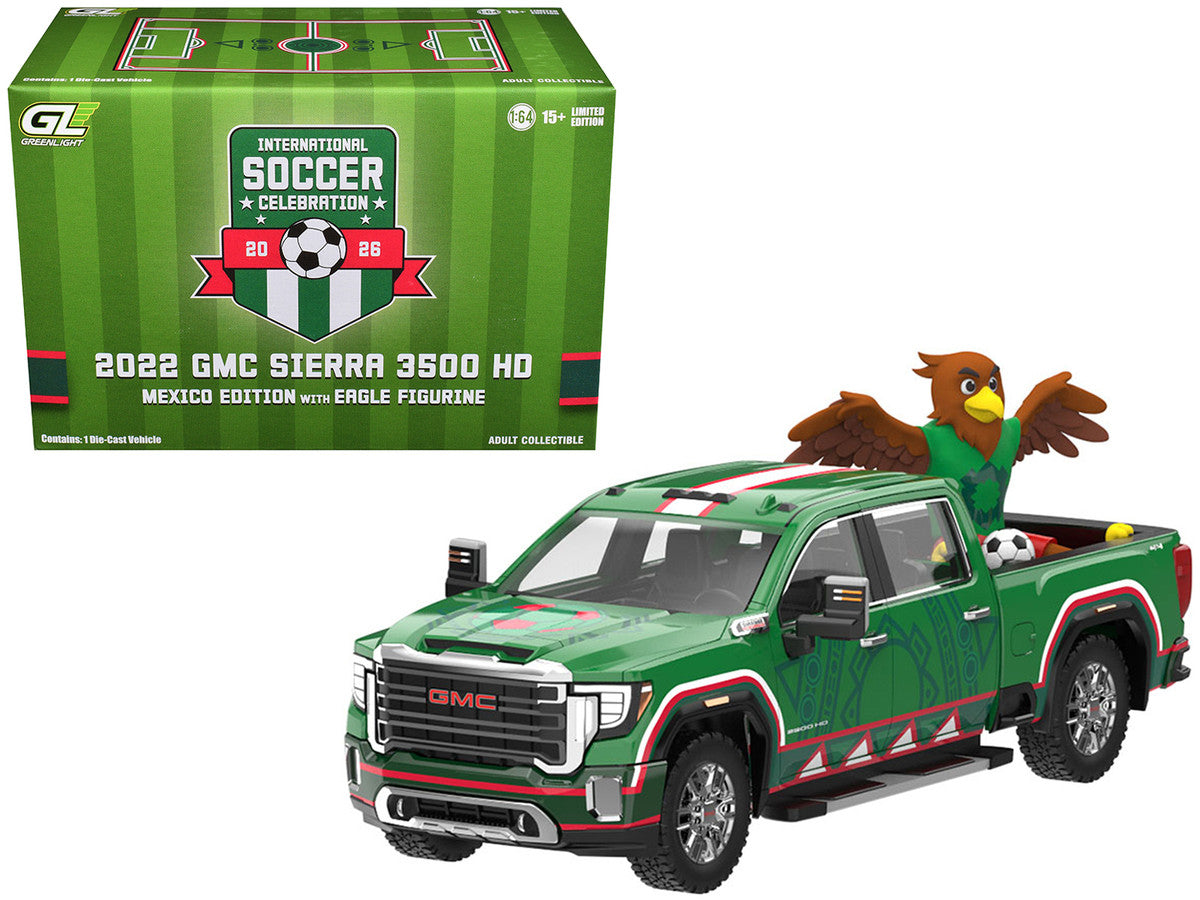 2022 GMC Sierra 3500 HD Pickup Truck Green with Mexican Soccer Graphics with Eagle Figure "International Soccer Celebration '26" Series 1/64 Diecast Model Car by Greenlight-4