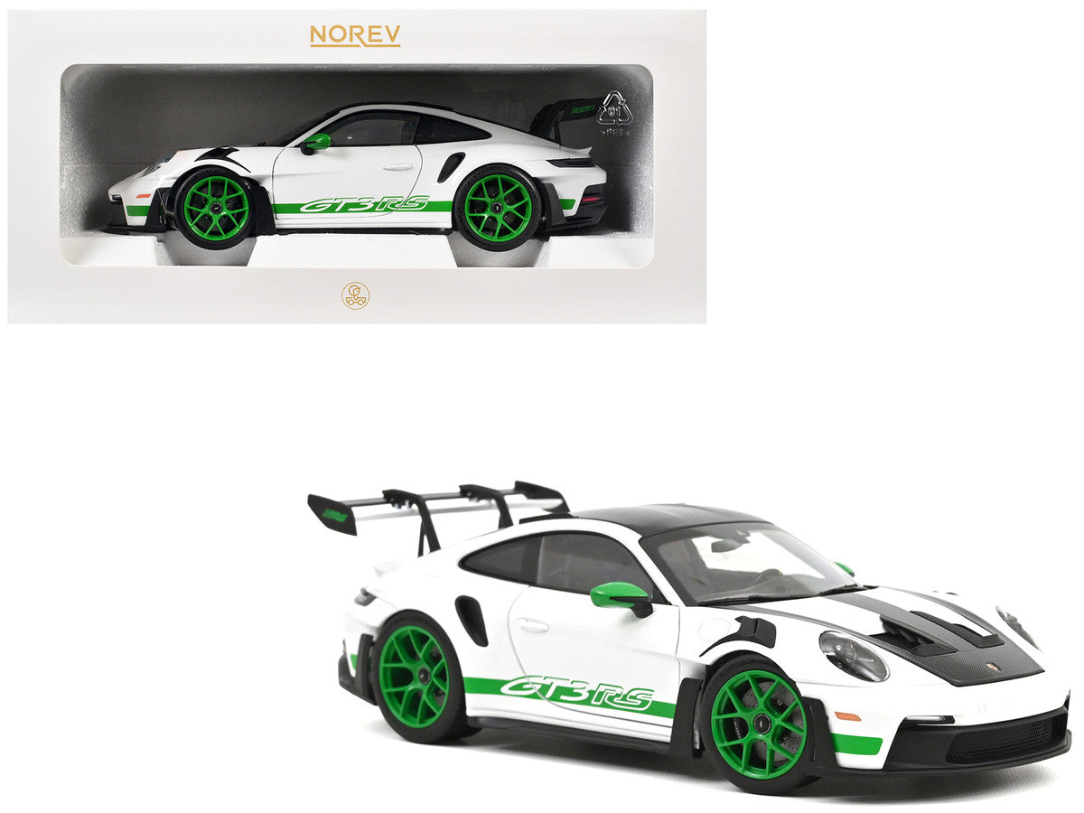 2022 Porsche 911 GT3 RS Weissach Pack White with Green Stripes And Carbon Hood and Top 1/18 Diecast Model Car by Norev-2
