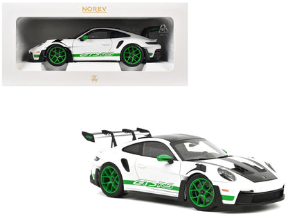 2022 Porsche 911 GT3 RS Weissach Pack White with Green Stripes And Carbon Hood and Top 1/18 Diecast Model Car by Norev-2