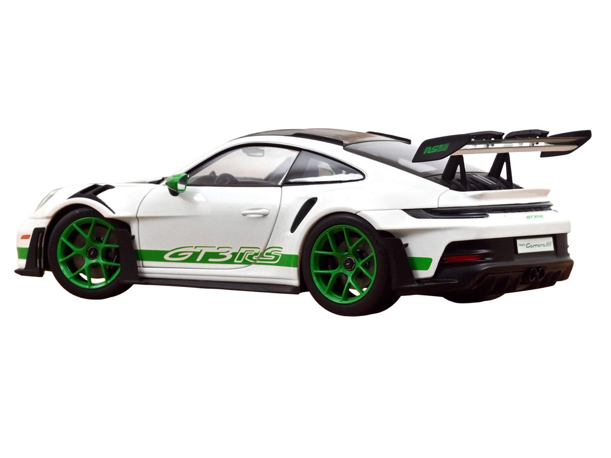 2022 Porsche 911 GT3 RS Weissach Pack White with Green Stripes And Carbon Hood and Top 1/18 Diecast Model Car by Norev-1