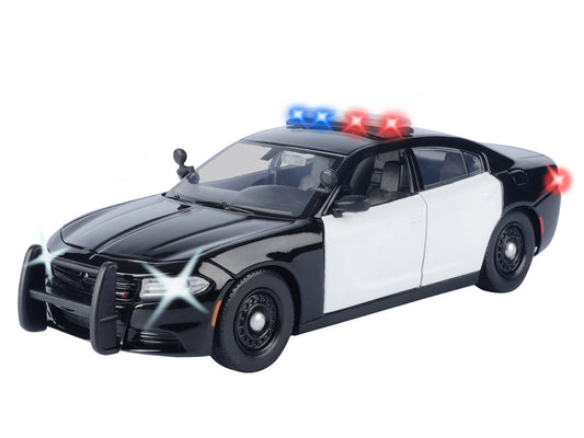 2023 Dodge Charger Pursuit Police Car Black and White with Flashing Light Bar Front and Rear Lights and 2 Sounds "Builder's Kit" 1/24 Diecast Model Car by Motormax-1