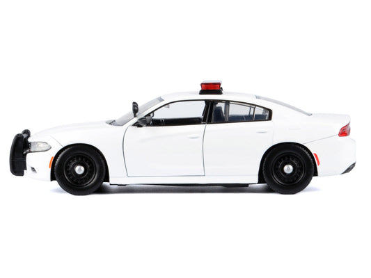 2023 Dodge Charger Pursuit Police Car Unmarked White with Flashing Light Bar Front and Rear Lights and 2 Sounds "Builder's Kit" 1/24 Diecast Model Car by Motormax-0