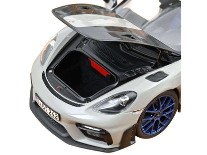 2023 Porsche Cayman GT4 RS Weissach Pack Chalk Gray with Carbon Hood Stripes 1/18 Diecast Model Car by Norev-0