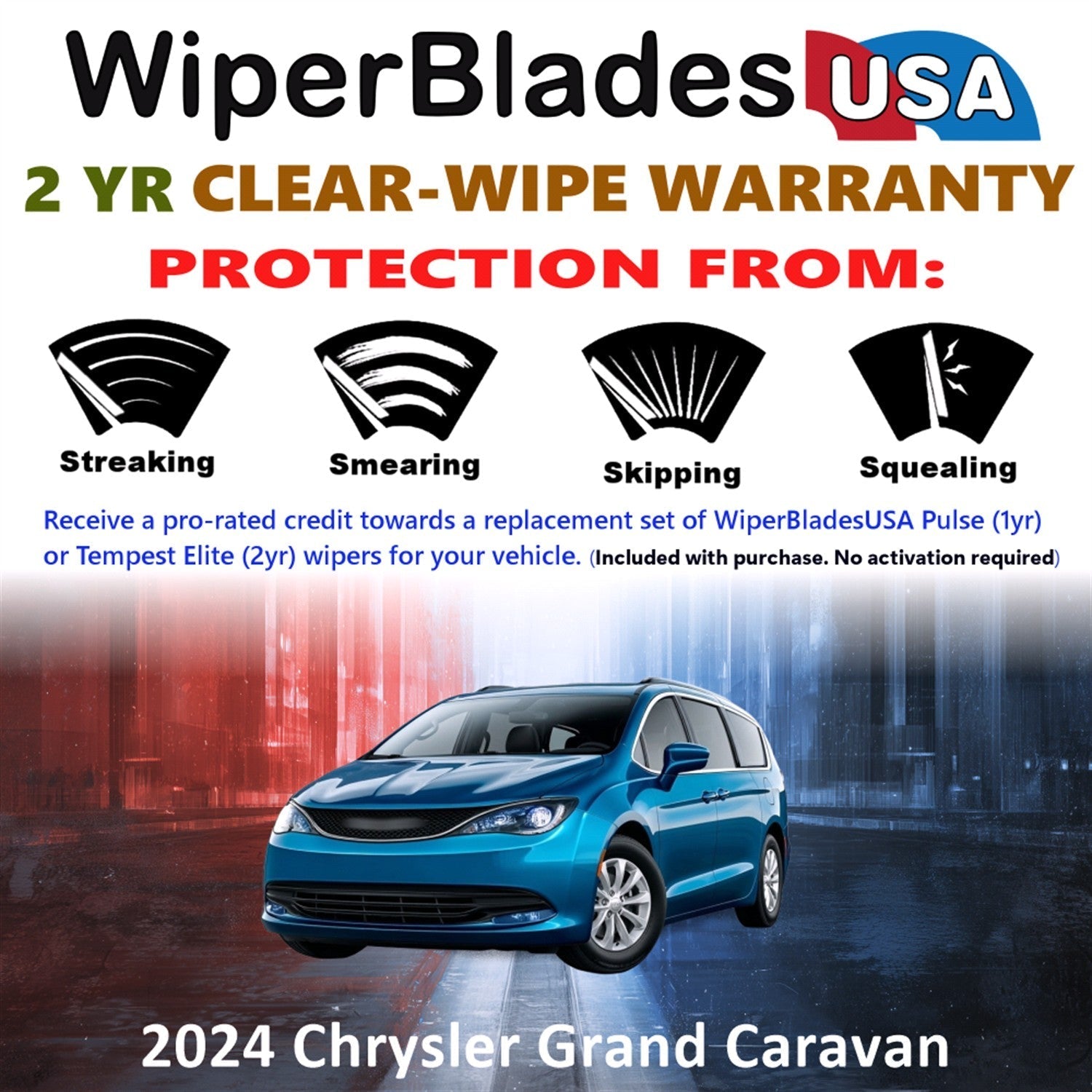 2024 Chrysler Grand Caravan Wiper Blades w/2yr Wear Warranty (Set of 2) Wipers-1