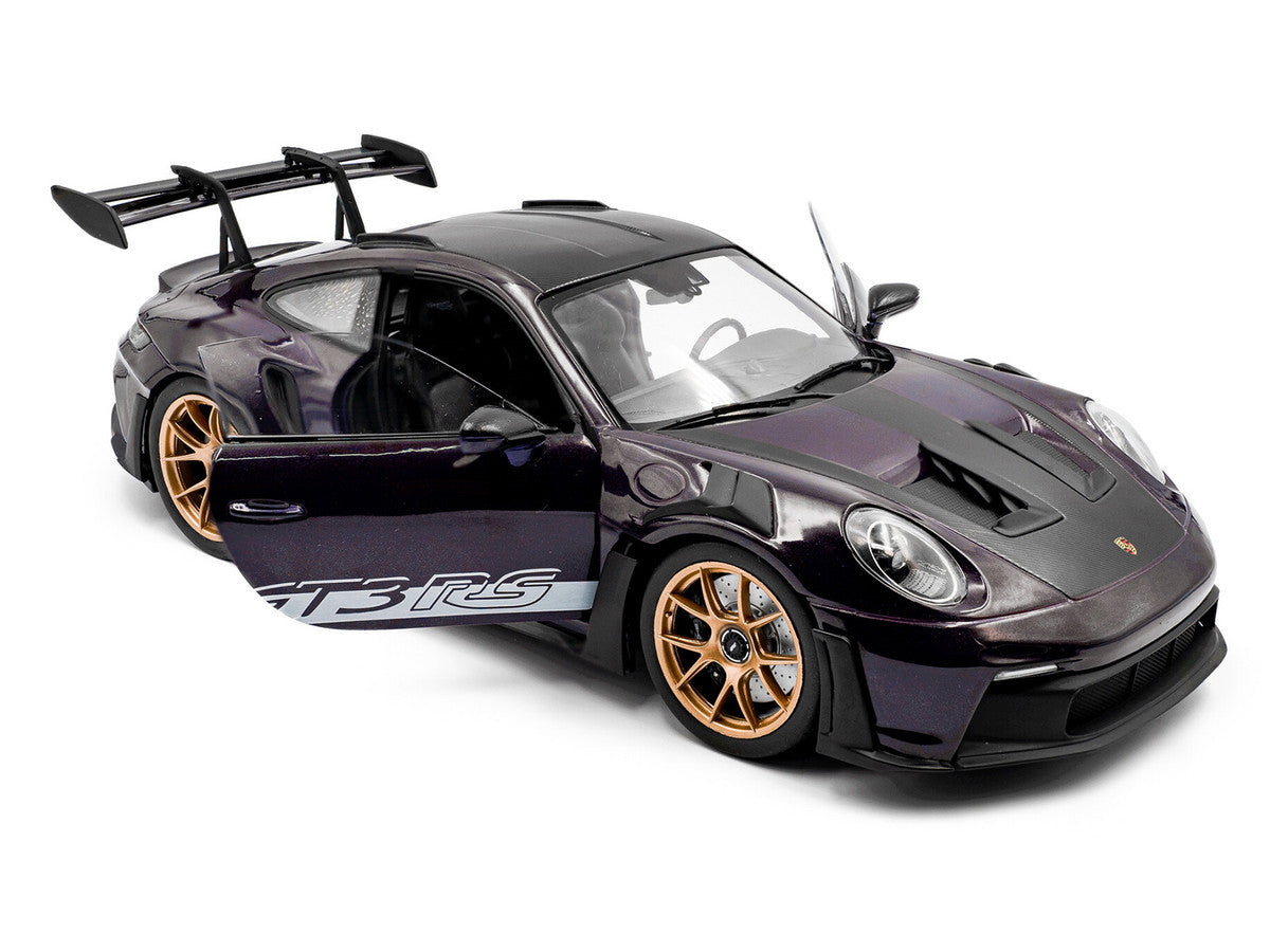 2024 Porsche 911 GT3 RS Weissach Package Viola Purple Metallic with Carbon Hood Stripes and Top 1/18 Diecast Model Car by Solido-1