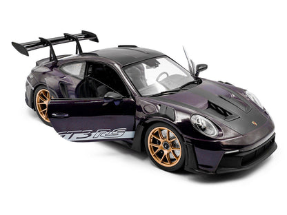 2024 Porsche 911 GT3 RS Weissach Package Viola Purple Metallic with Carbon Hood Stripes and Top 1/18 Diecast Model Car by Solido-1