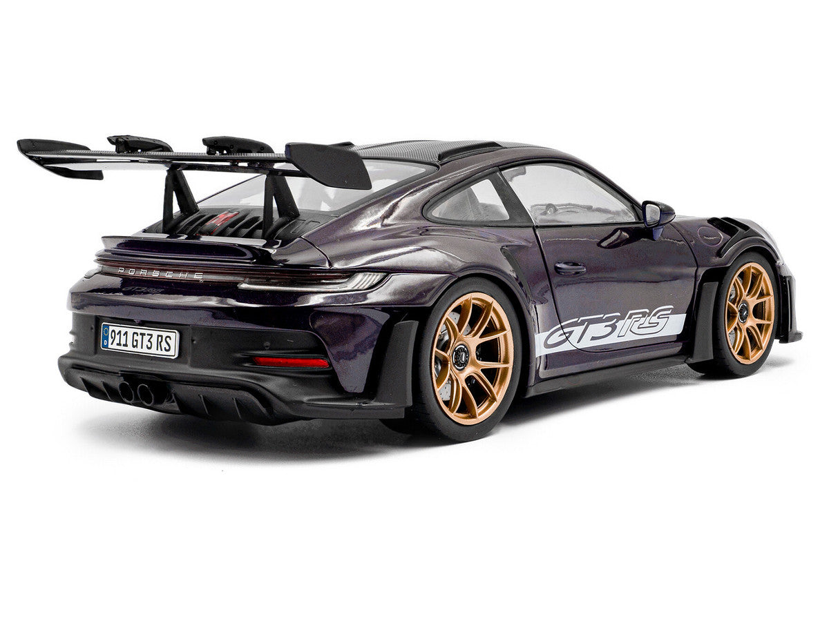 2024 Porsche 911 GT3 RS Weissach Package Viola Purple Metallic with Carbon Hood Stripes and Top 1/18 Diecast Model Car by Solido-3