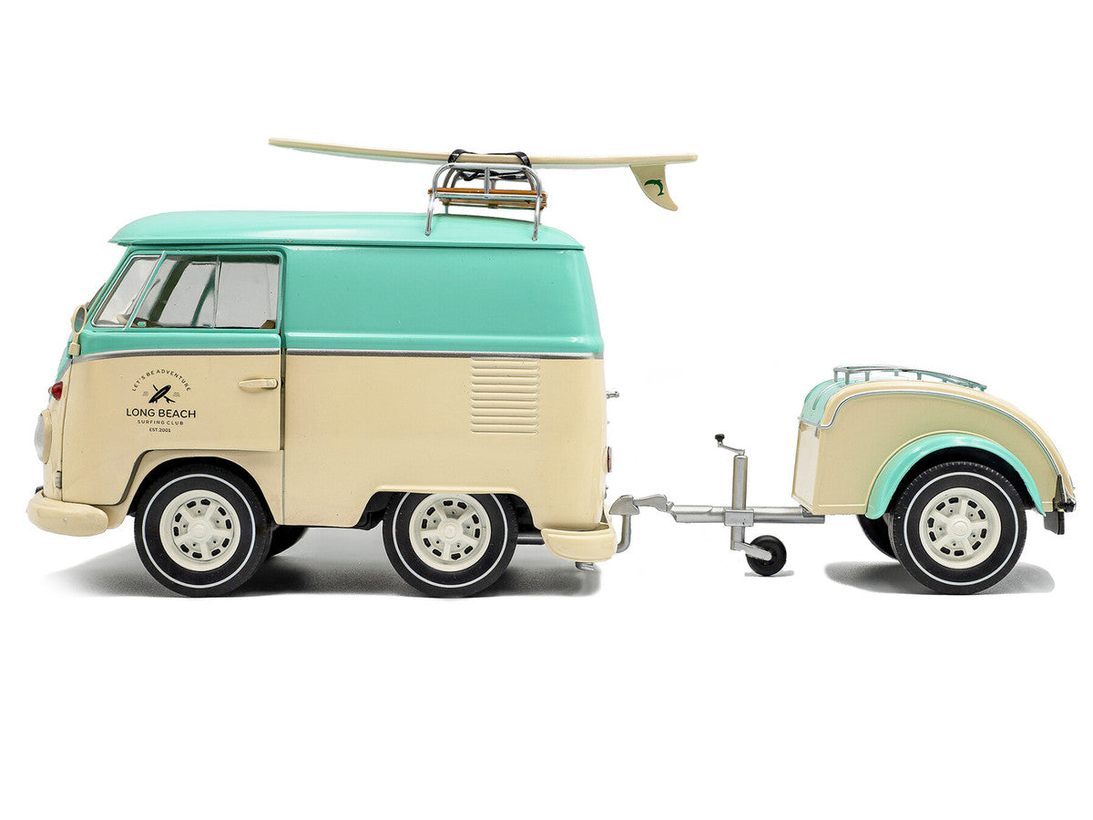2024 Volkswagen Cool Combi Van with Trailer "Long Beach Surfing Club" Mint Green and Cream with Roof Rack and Surfboard 1/18 Diecast Model Car by Solido-0