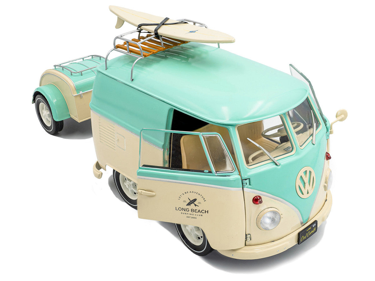 2024 Volkswagen Cool Combi Van with Trailer "Long Beach Surfing Club" Mint Green and Cream with Roof Rack and Surfboard 1/18 Diecast Model Car by Solido-3