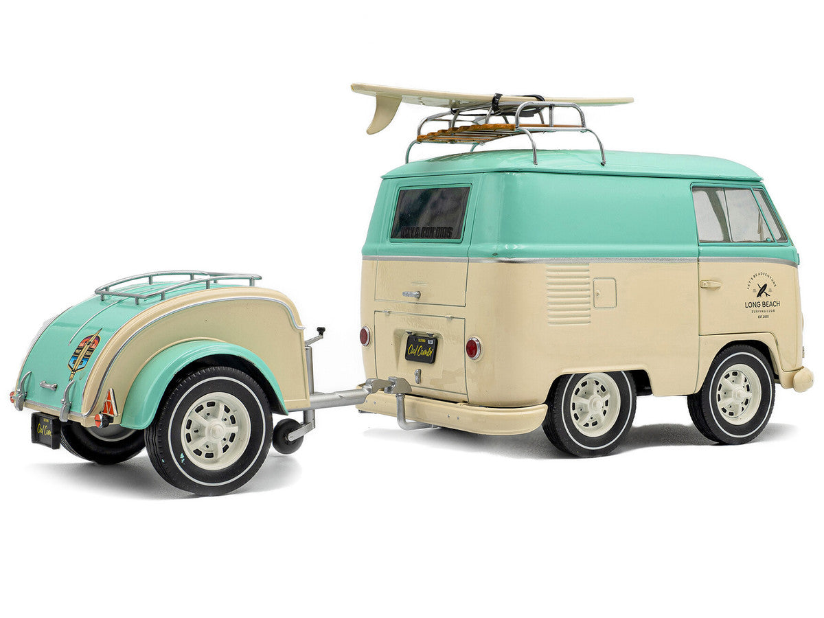 2024 Volkswagen Cool Combi Van with Trailer "Long Beach Surfing Club" Mint Green and Cream with Roof Rack and Surfboard 1/18 Diecast Model Car by Solido-1