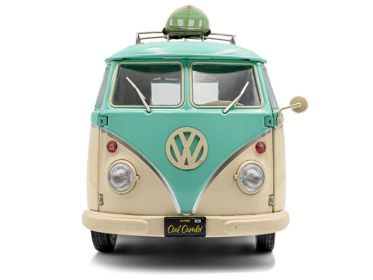 2024 Volkswagen Cool Combi Van with Trailer "Long Beach Surfing Club" Mint Green and Cream with Roof Rack and Surfboard 1/18 Diecast Model Car by Solido-2