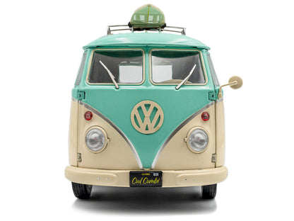 2024 Volkswagen Cool Combi Van with Trailer "Long Beach Surfing Club" Mint Green and Cream with Roof Rack and Surfboard 1/18 Diecast Model Car by Solido-2