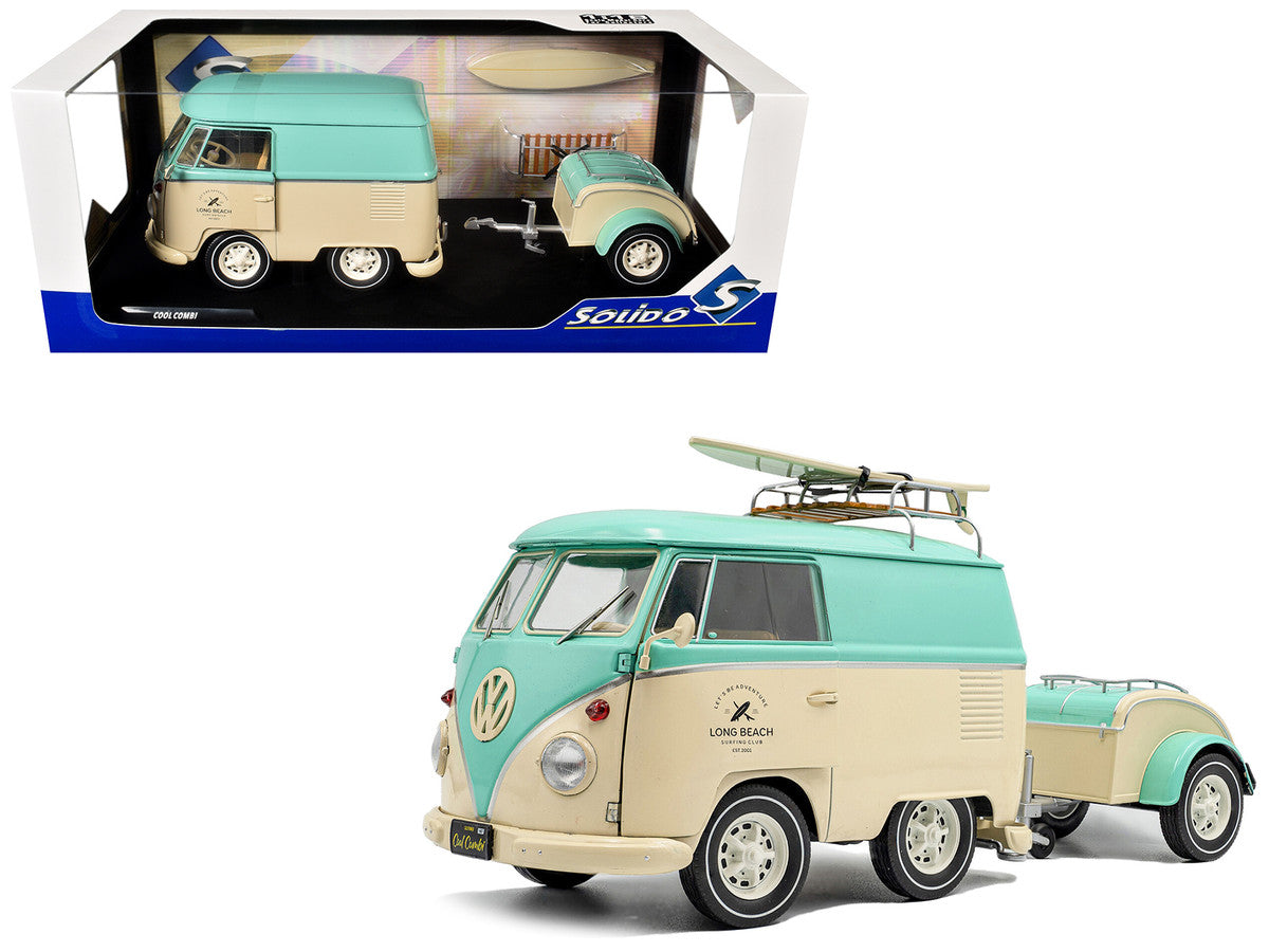 2024 Volkswagen Cool Combi Van with Trailer "Long Beach Surfing Club" Mint Green and Cream with Roof Rack and Surfboard 1/18 Diecast Model Car by Solido-4