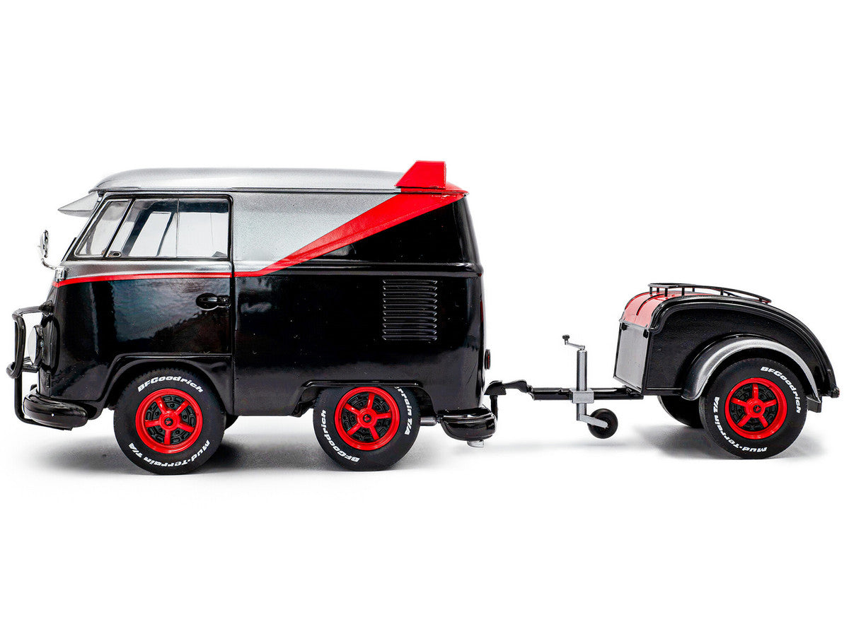 2024 Volkswagen Kool Kombi Sport Van with Trailer Black and Silver with Red Stripe 1/18 Diecast Model Car by Solido-0