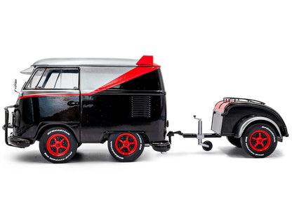 2024 Volkswagen Kool Kombi Sport Van with Trailer Black and Silver with Red Stripe 1/18 Diecast Model Car by Solido-0