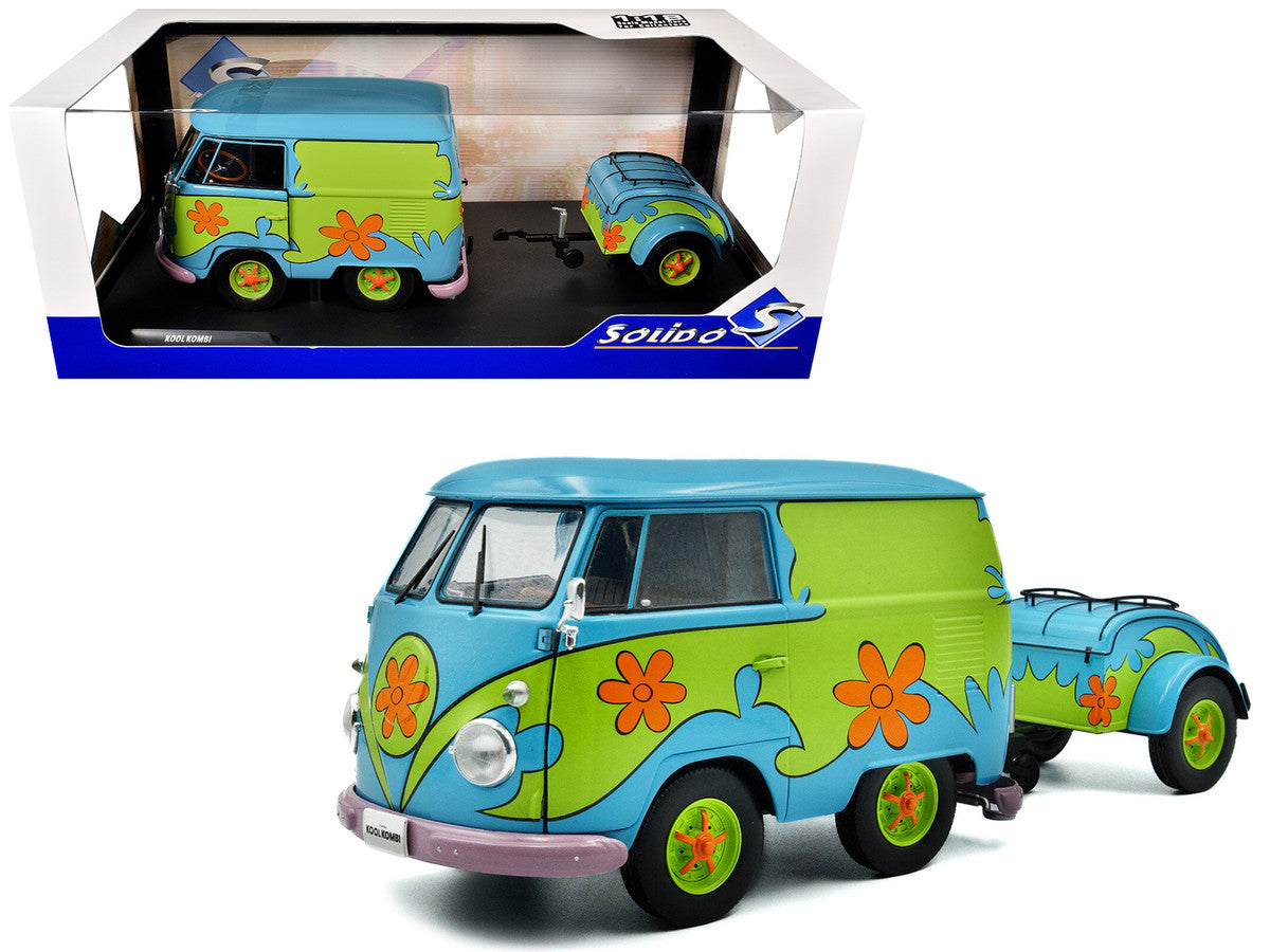 2024 Volkswagen Kool Kombi Van with Trailer "Ghost Hunter" Blue and Green with Graphics 1/18 Diecast Model Car by Solido-4