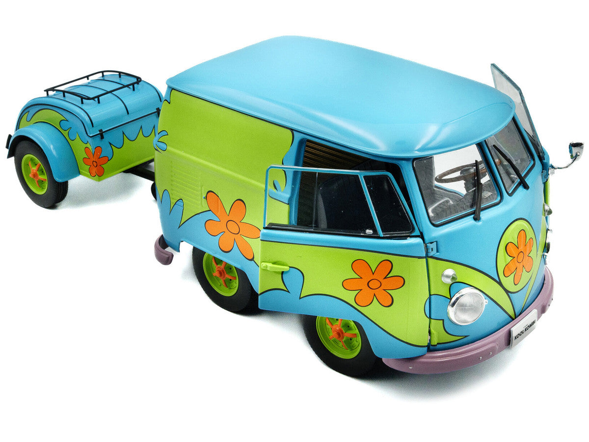 2024 Volkswagen Kool Kombi Van with Trailer "Ghost Hunter" Blue and Green with Graphics 1/18 Diecast Model Car by Solido-3