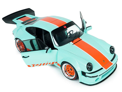 2025 Porsche 911 KS-R by Khyzyl Saleem "Blue Racer" Light Blue with Orange Stripes 1/18 Diecast Model Car by Solido-3