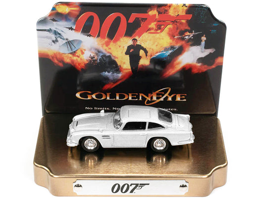 Aston Martin DB5 RHD (Right Hand Drive) Silver Metallic 007 (James Bond) ’Golden Eye’ (1995) Movie with Collectible Tin