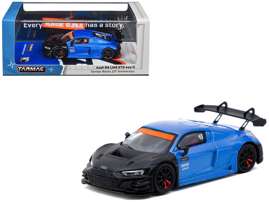 Audi R8 LMS GT3 evo II #10 "Tarmac Works 10th Anniversary" Blue Metallic and Matt Black "Hobby64" Series 1/64 Diecast Model Car by Tarmac Works-0