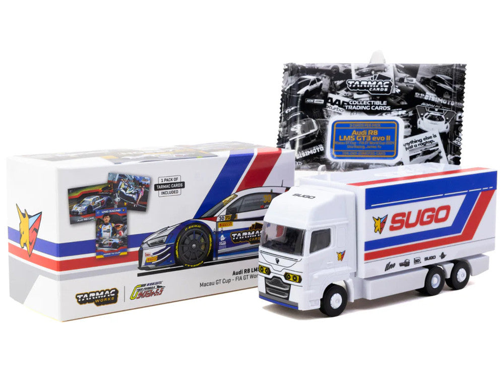 Audi R8 LMS GT3 evo II #30 James Yu "Uno Racing Team" "Macau GT Cup - FIA GT World Cup" (2024) with Plastic Transporter Packaging and Collectible Tarmac Cards "Hobby64" Series 1/64 Diecast Model Car by Tarmac Works-3
