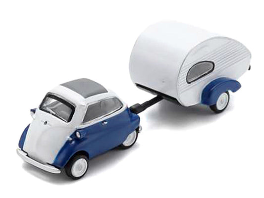 BMW Isetta Blue and White with Home Trailer 1/87 (HO) Diecast Model Car by Schuco - Car Models