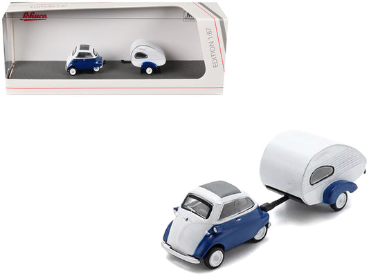 BMW Isetta Blue and White with Home Trailer 1/87 (HO) Diecast Model Car by Schuco - Car Models