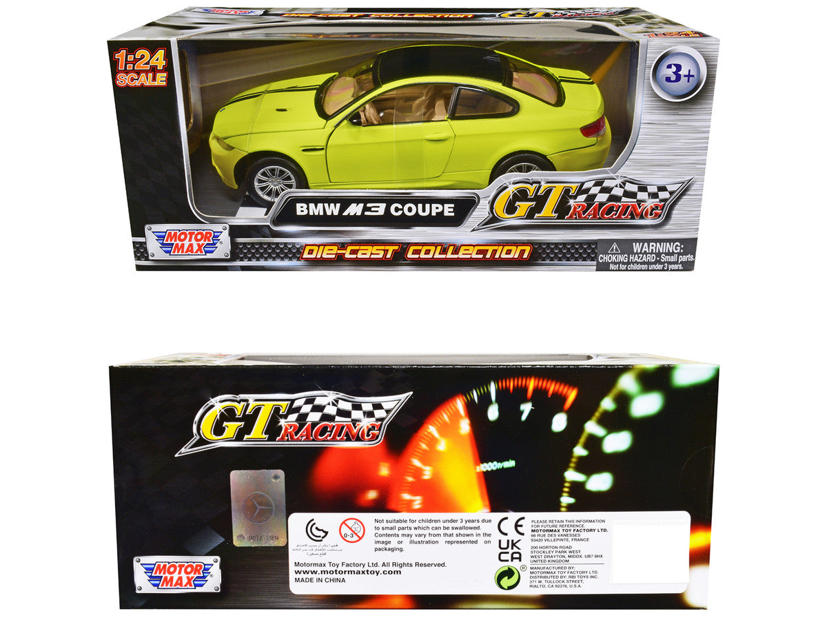 BMW M3 Coupe Neon Yellow with Matt Black Top and Stripes "GT Racing" Series 1/24 Diecast Model Car by Motormax-2