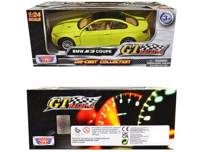 BMW M3 Coupe Neon Yellow with Matt Black Top and Stripes "GT Racing" Series 1/24 Diecast Model Car by Motormax-2