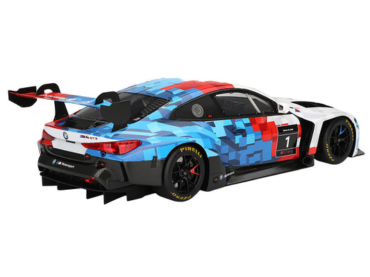 BMW M4 GT3 EVO Presentation #1 White with Carbon Blue and Red Graphics 1/18 Model Car by Top Speed - Car Models