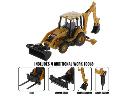 CAT Caterpillar 420 XE Backhoe Loader with Work Tools Yellow 1/64 Diecast Model by Diecast Masters-1